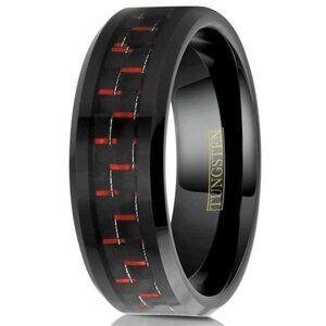 Men's Wedding Band Ring - 8mm Black and Red Carbon Fiber - Wedding Rings